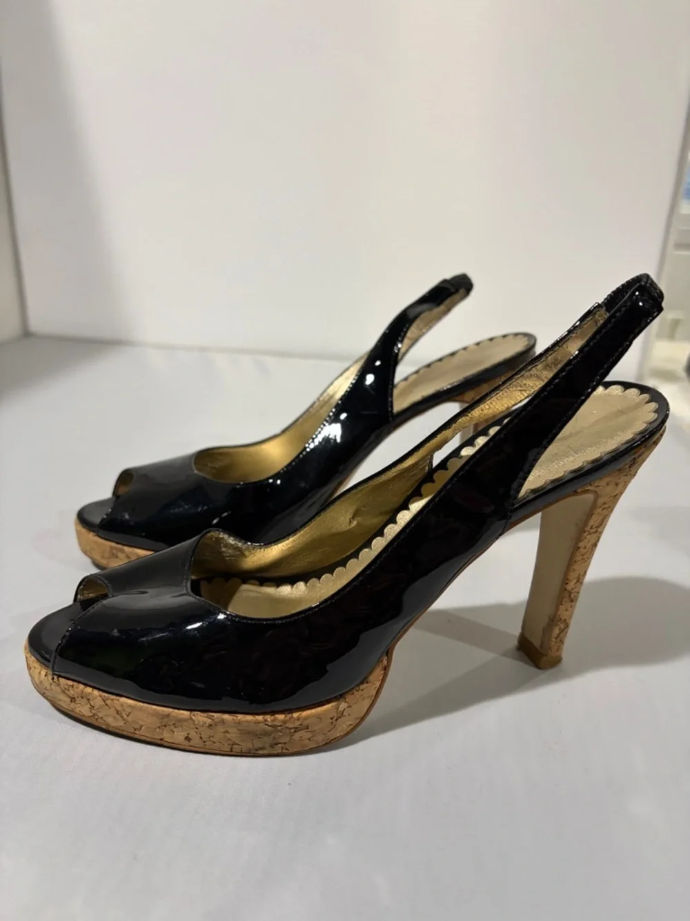Jessica Simpson Black Patent Slingback Wedge Sandals with‎ Cork Platform